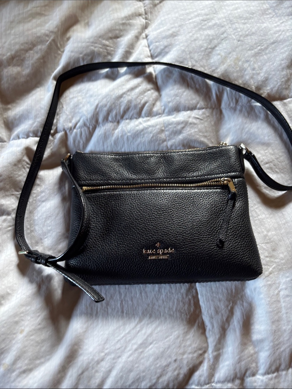 kate spade Black Leather Crossbody with Striped Lining